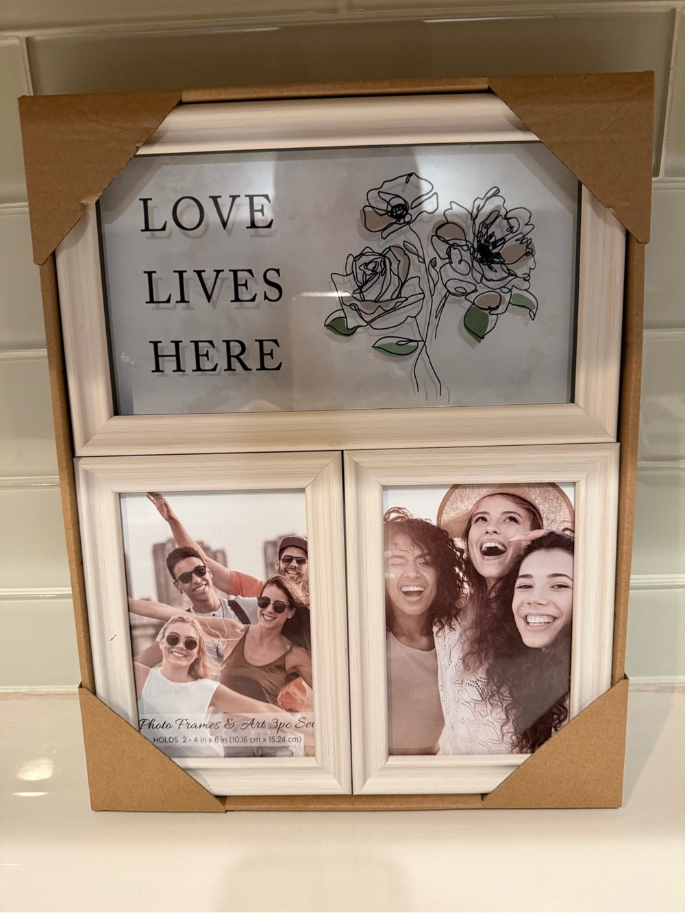 LOVE LIVES HERE  10”x6” White washed wood art plus 2 4”x6” picture frames